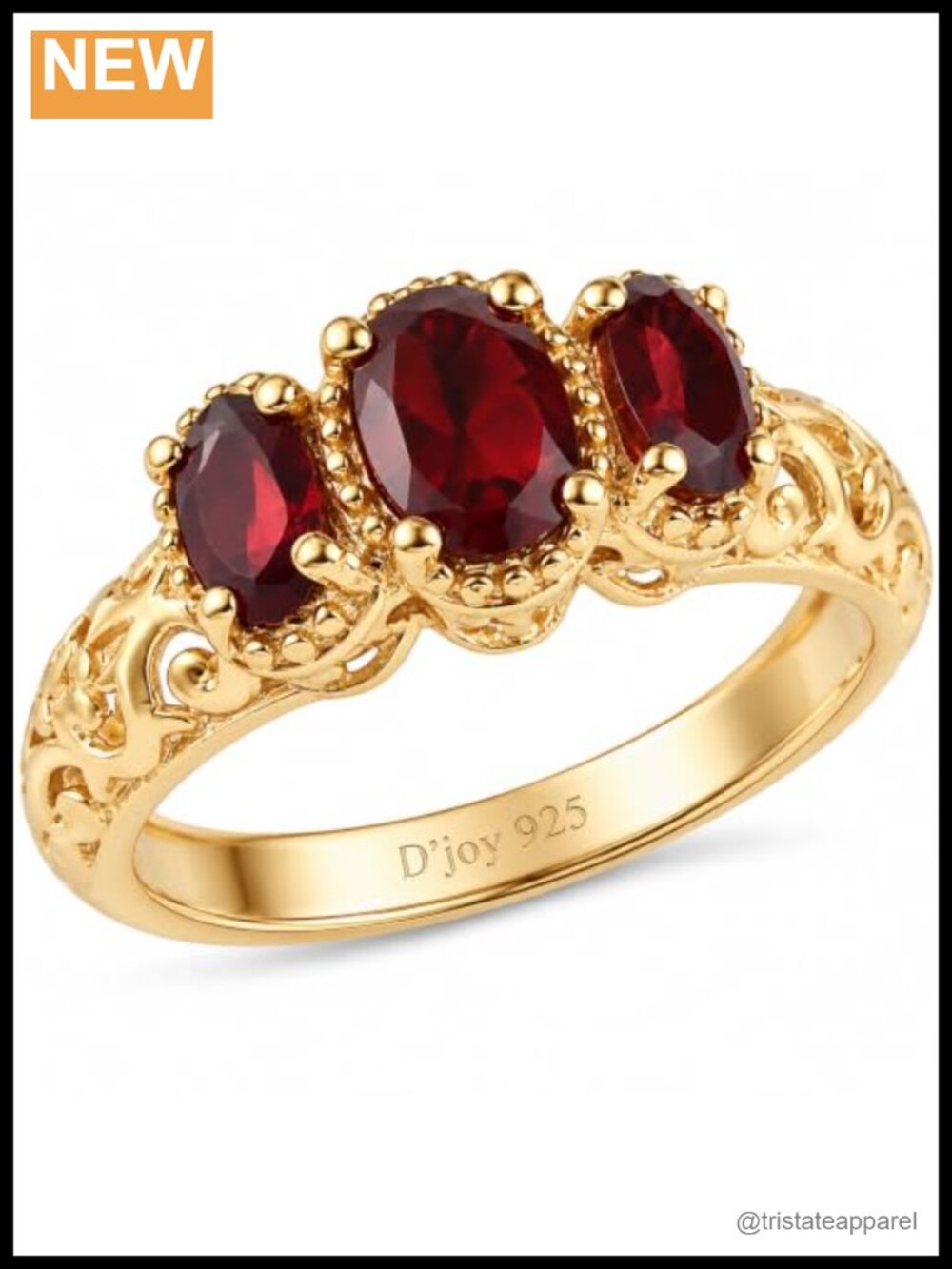 Garnet Trilogy Ring 925 Sterling Silver 14K Gold Plated
